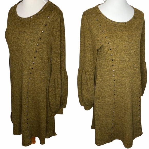 Spense Green Studded Balloon Sleeve Knit Sweater Dress Stretch Pull Over Size M - Picture 3 of 12